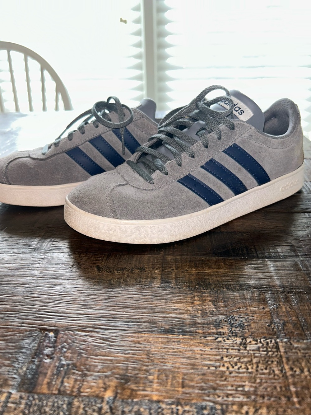 adidas Men’s Gray Suede Sneakers with Navy Stripes
